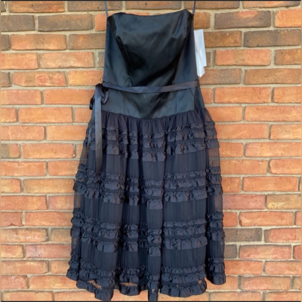 New Lazaro Black Satiny Tulle Ruffle Strapless Fancy Dinner Formal Dress Sz 12